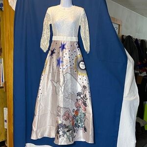Unique White Lace Bodice with Satin Celestial, Unicorn Print Maxi Skirt -size S